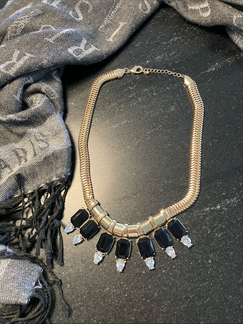 Gold-tone Statement Necklace with Black and Clear Stones